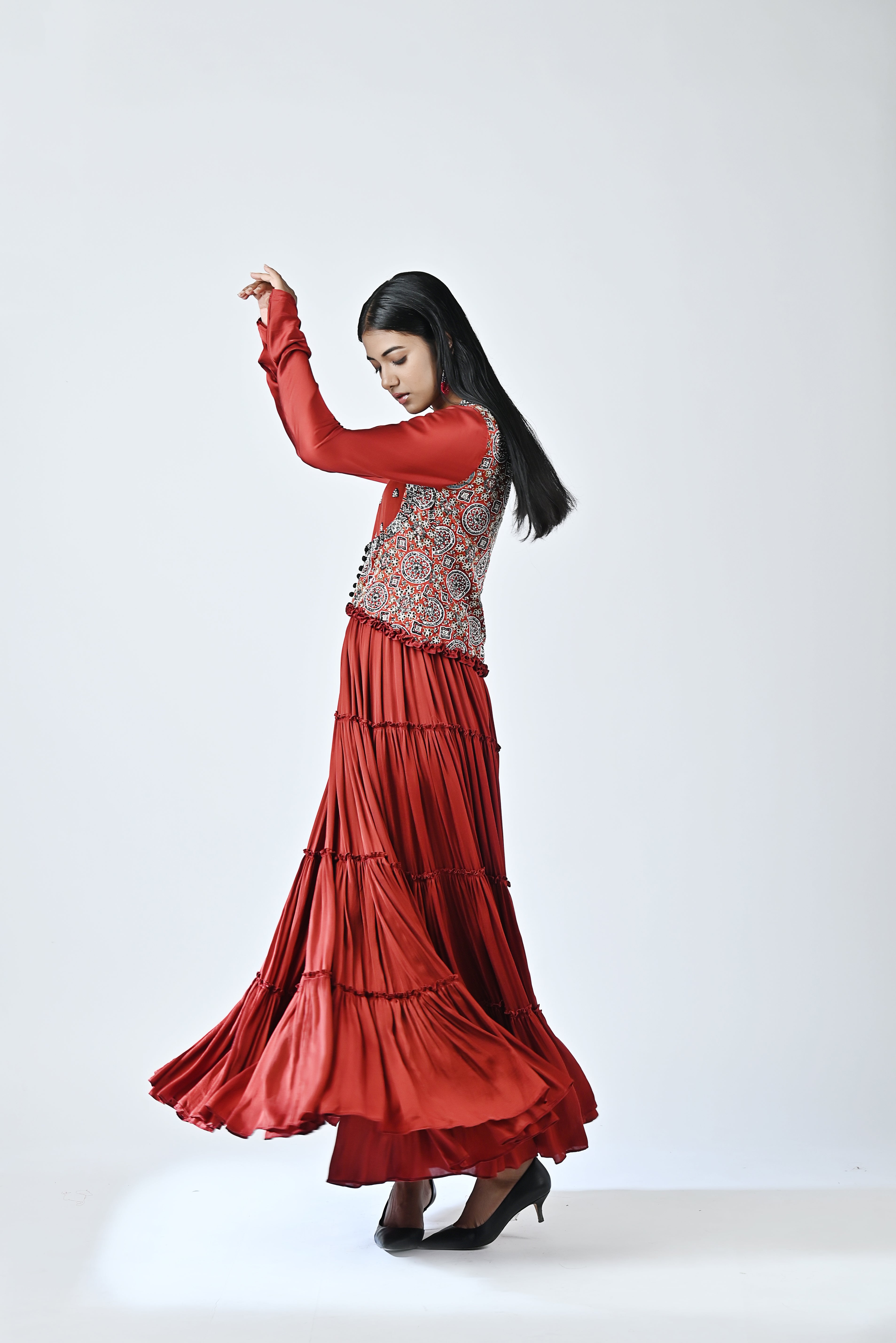 Red ajrakh embroidered tiered dress