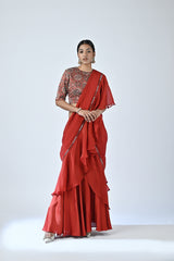 Ajrakh embroidered ruffle saree