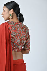 Ajrakh embroidered ruffle saree