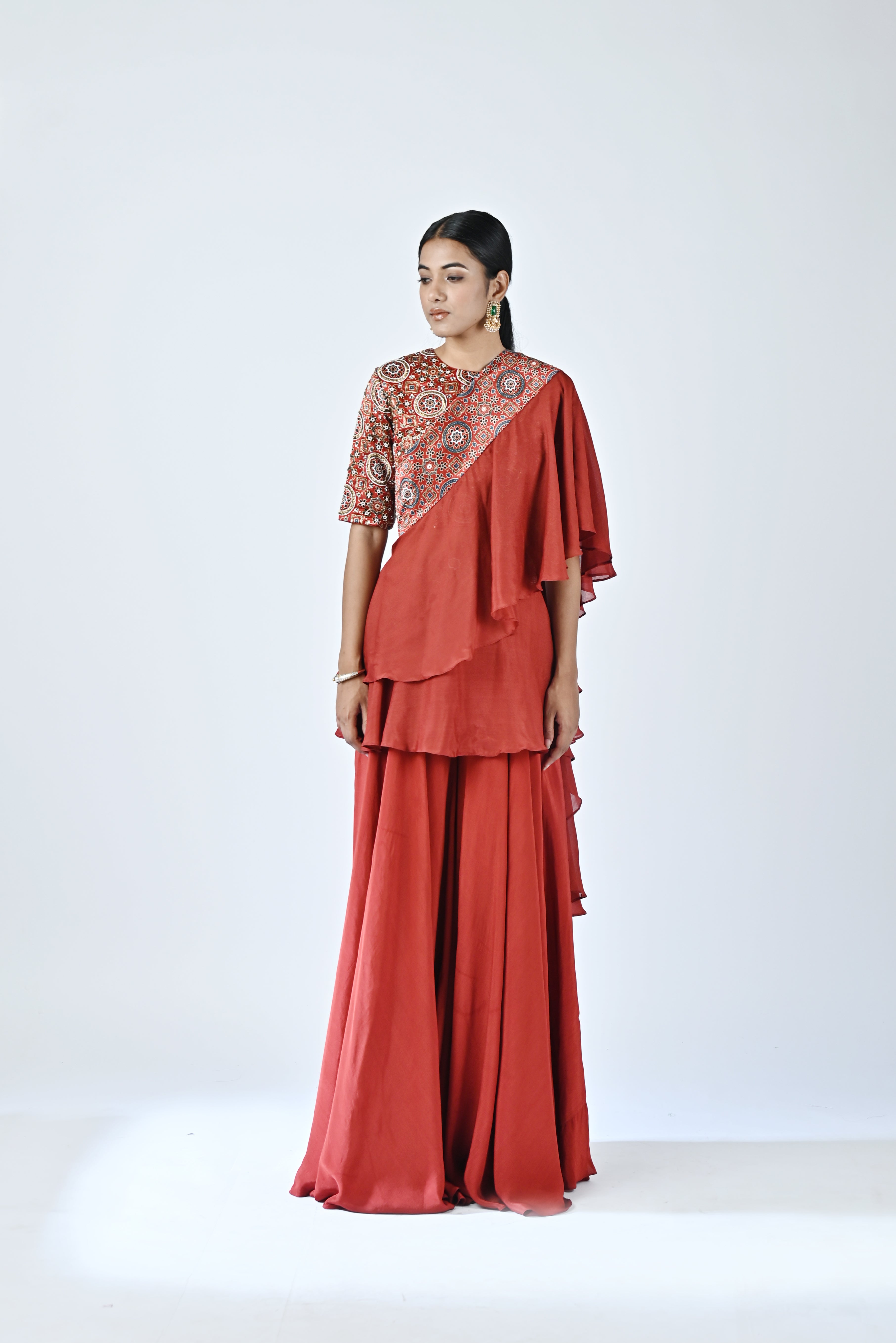 Red ajrakh embellished blouse dupatta set