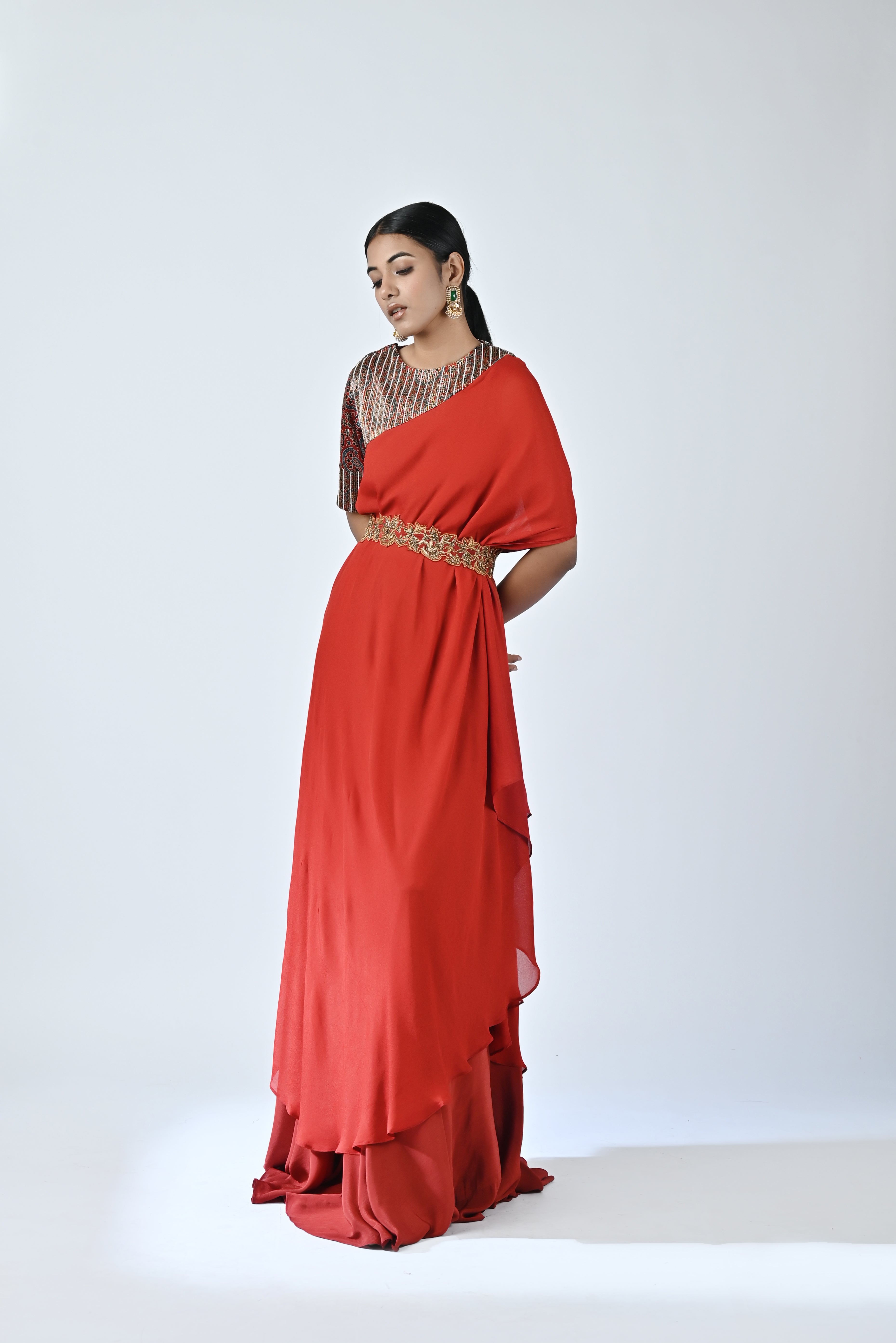 Red ajrakh embellished one sleeve laftan with flare pants