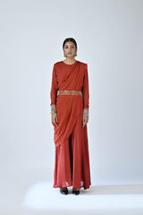Red embroidered drape pallu jumpsuit