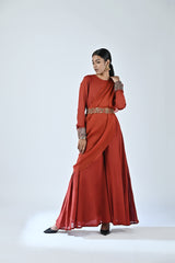Red embroidered drape pallu jumpsuit