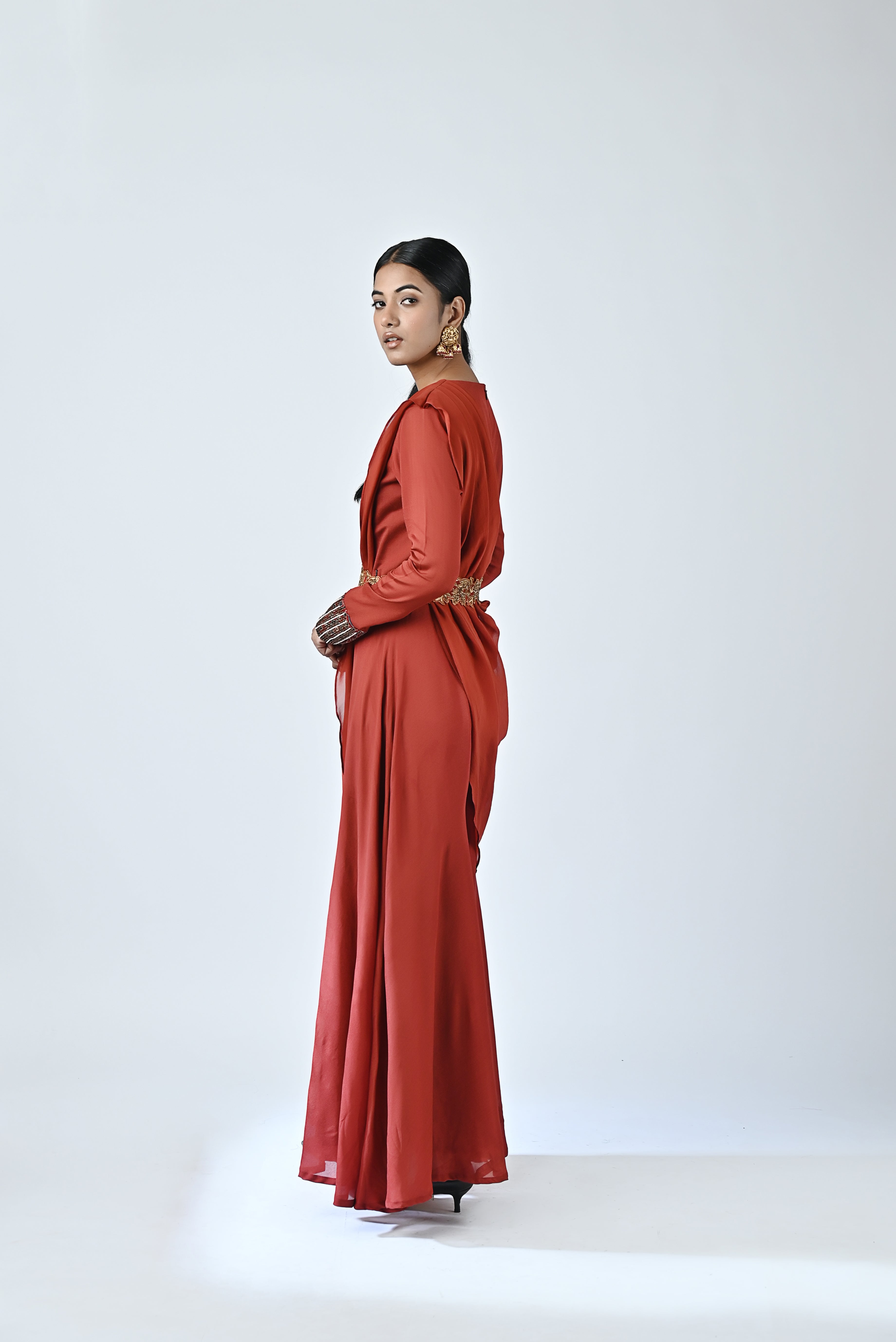 Red embroidered drape pallu jumpsuit
