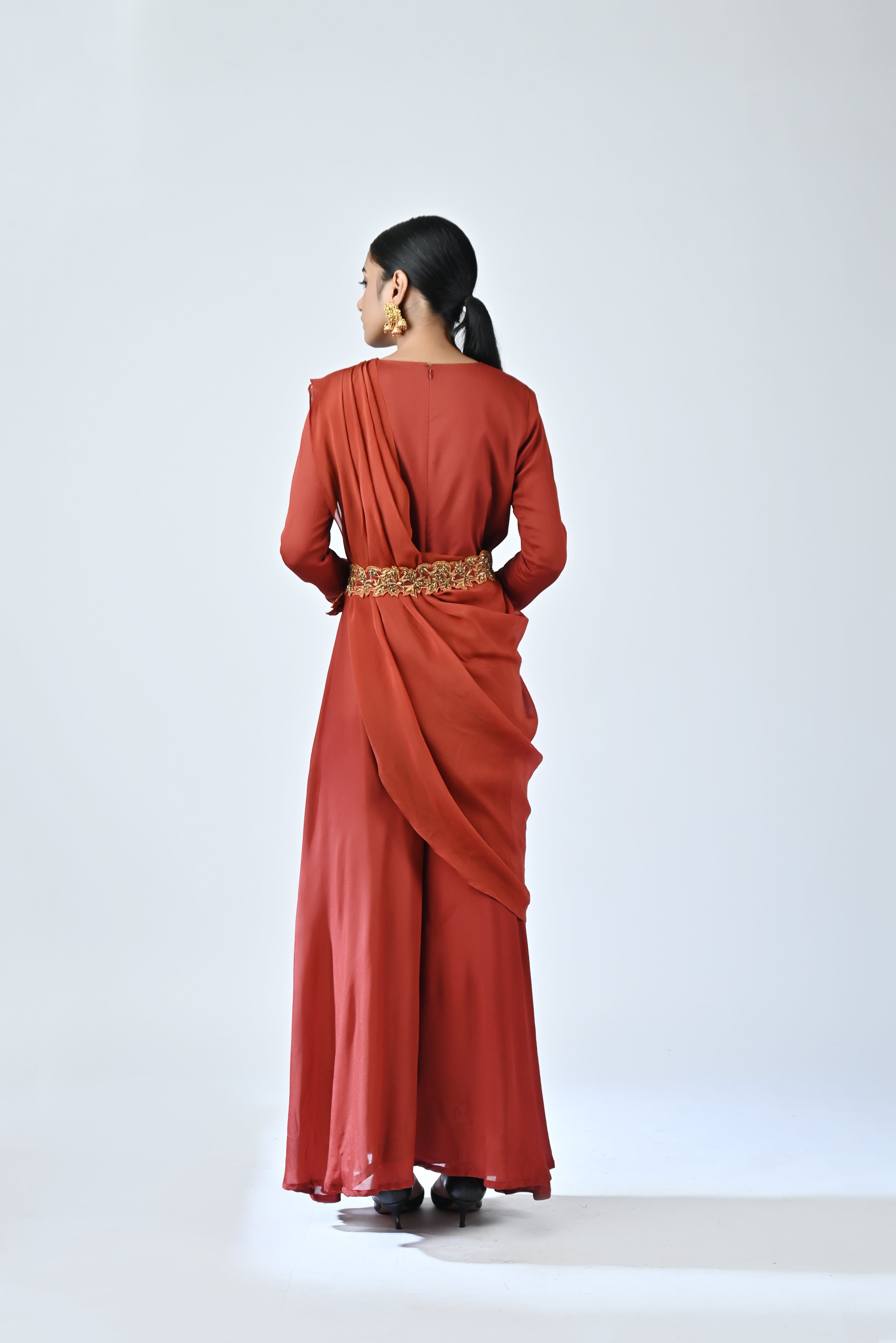Red embroidered drape pallu jumpsuit