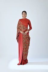 Red ajrakh patchworked gown saree