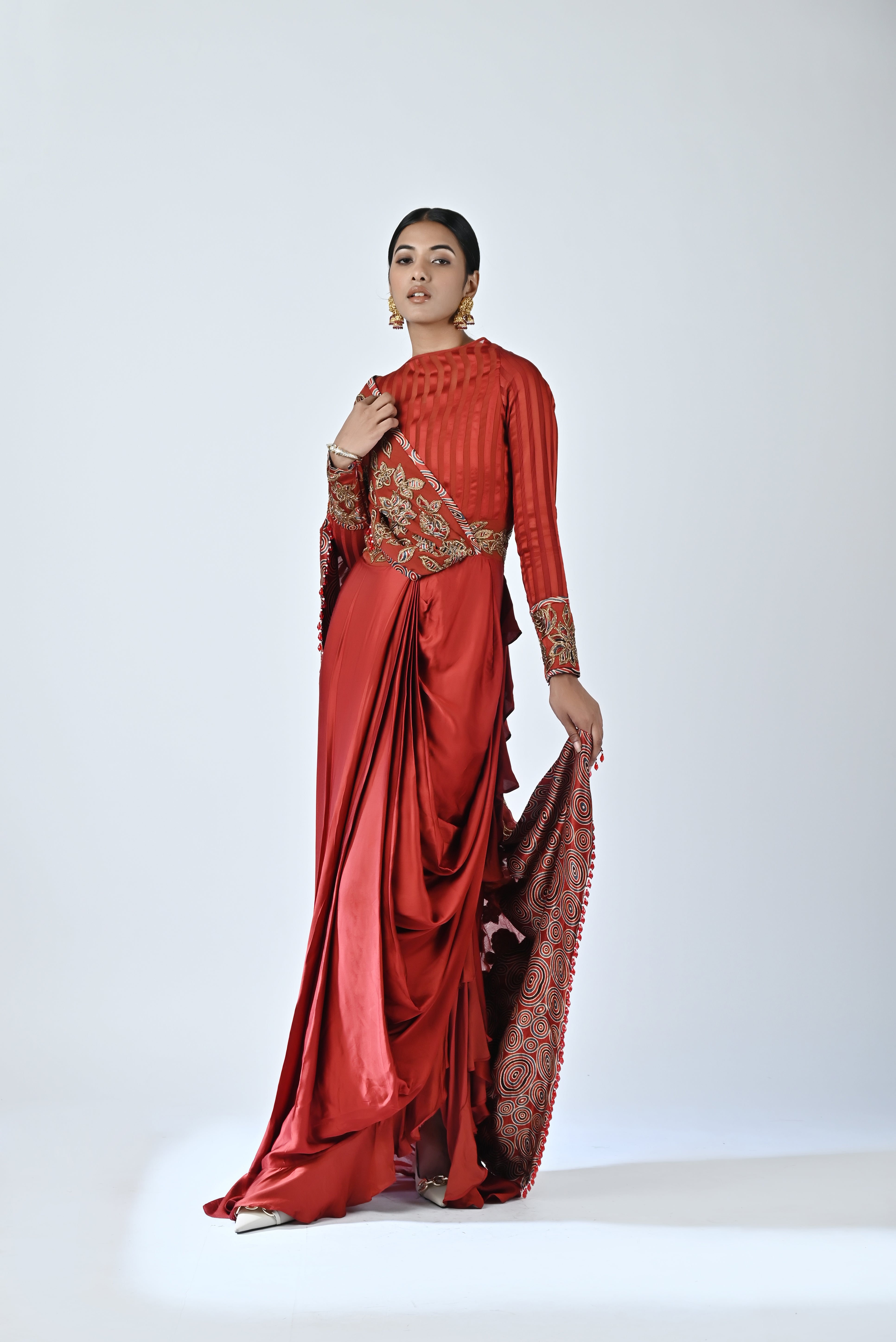 Red ajrakh patchworked gown saree