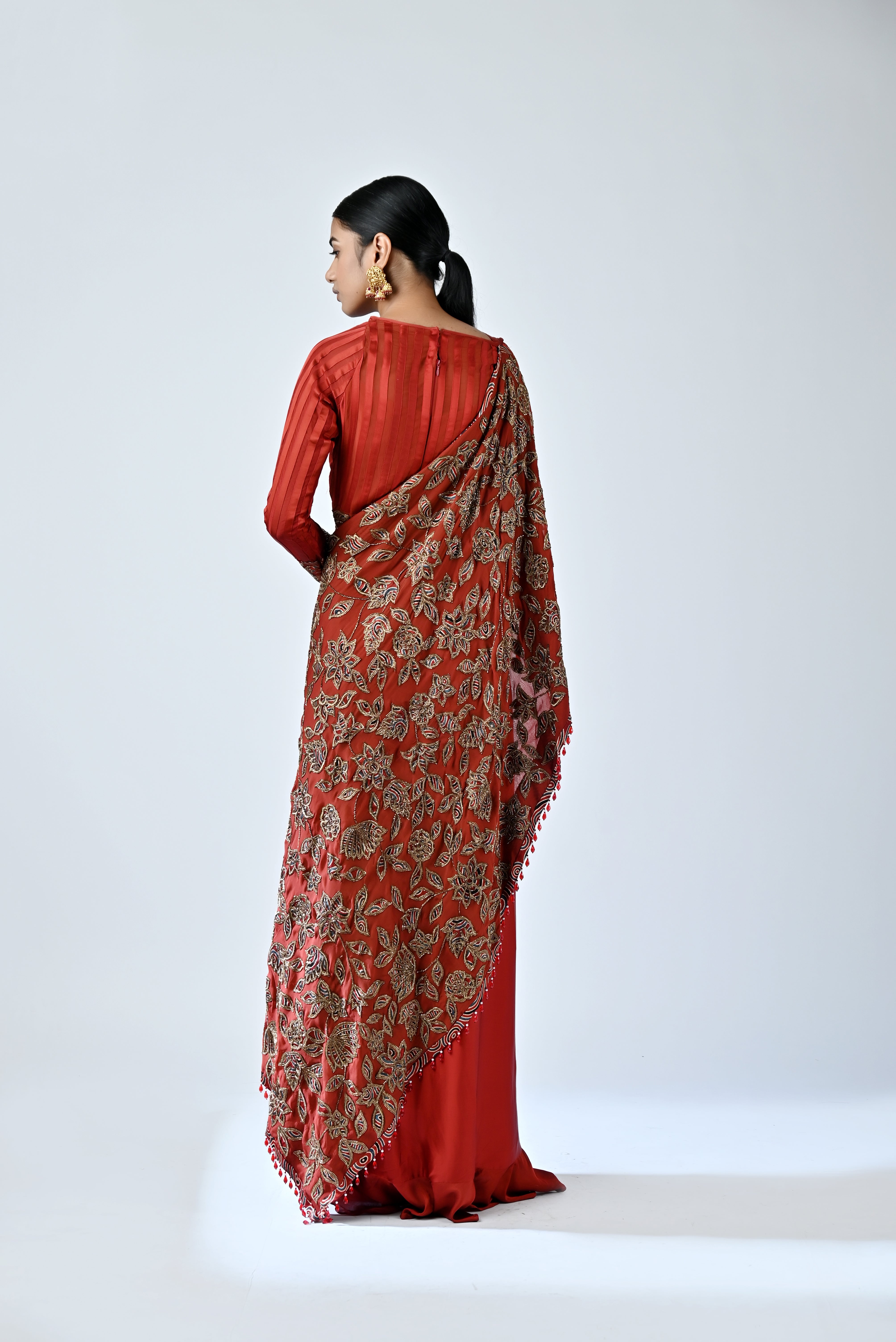 Red ajrakh patchworked gown saree