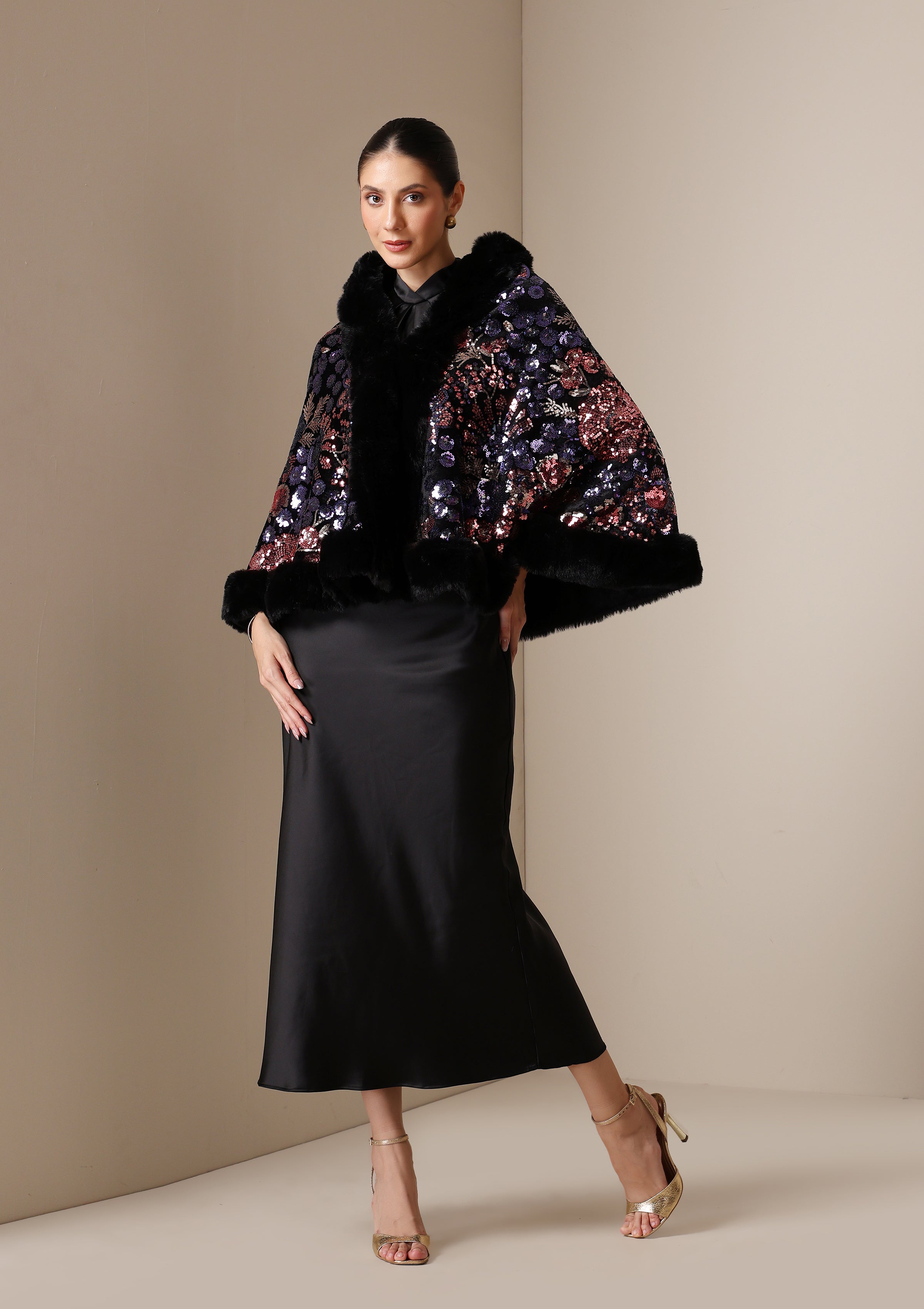 Dusala Aurora Sequin Vegan Fur Cape