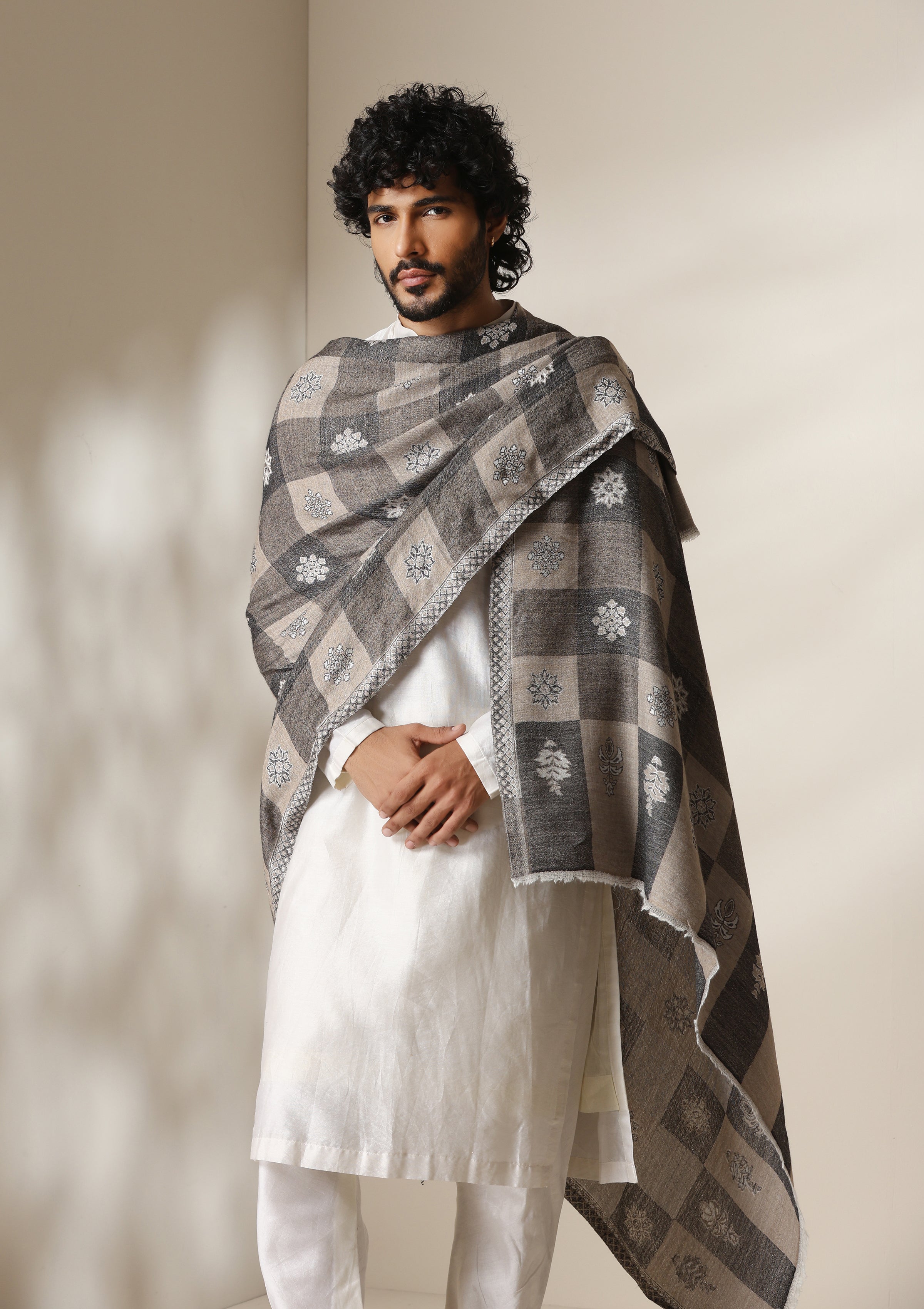 Dusala Grey Heritage Kani Check Shawl for Men & Women