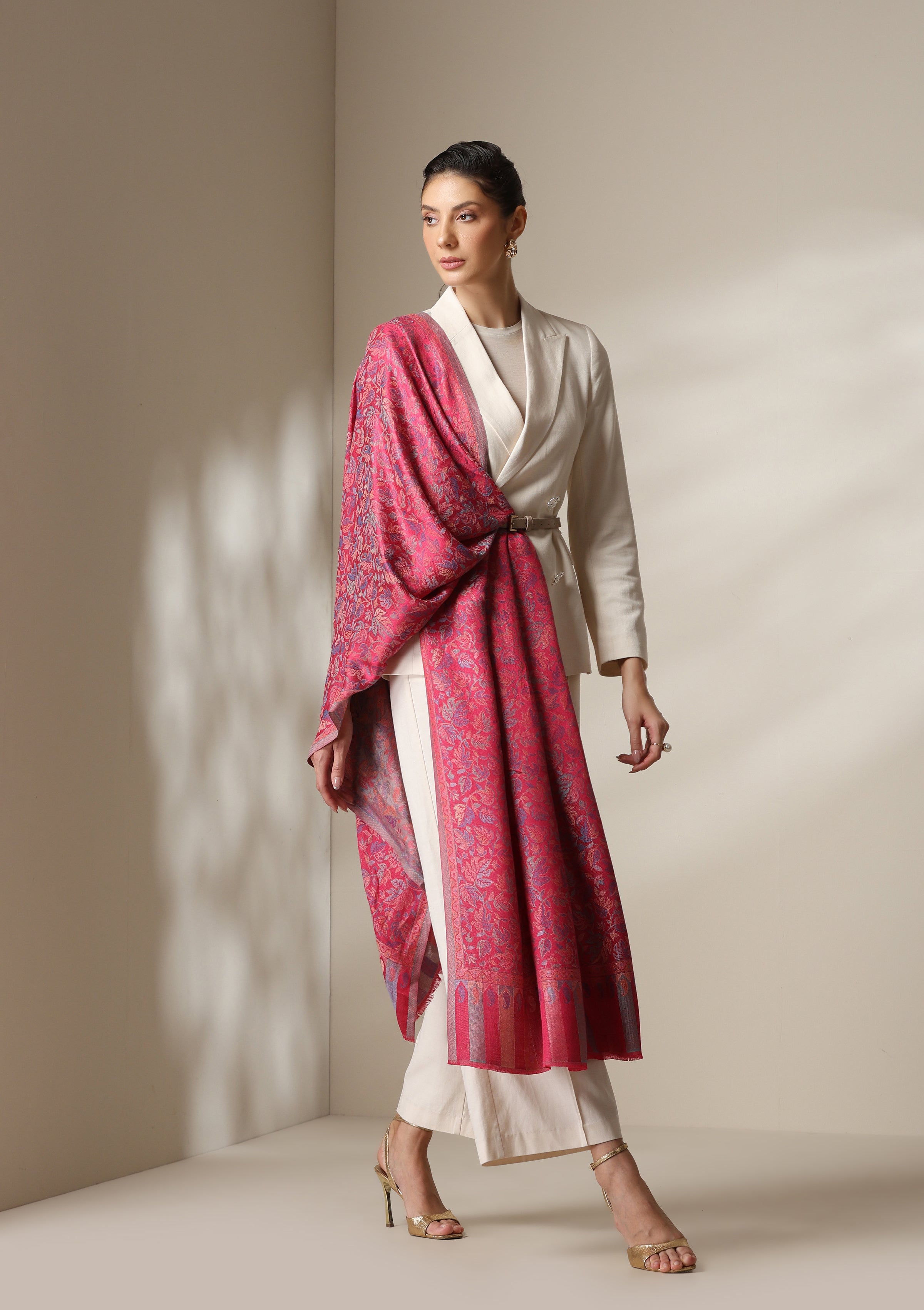 Fuschia woven kani floral stole