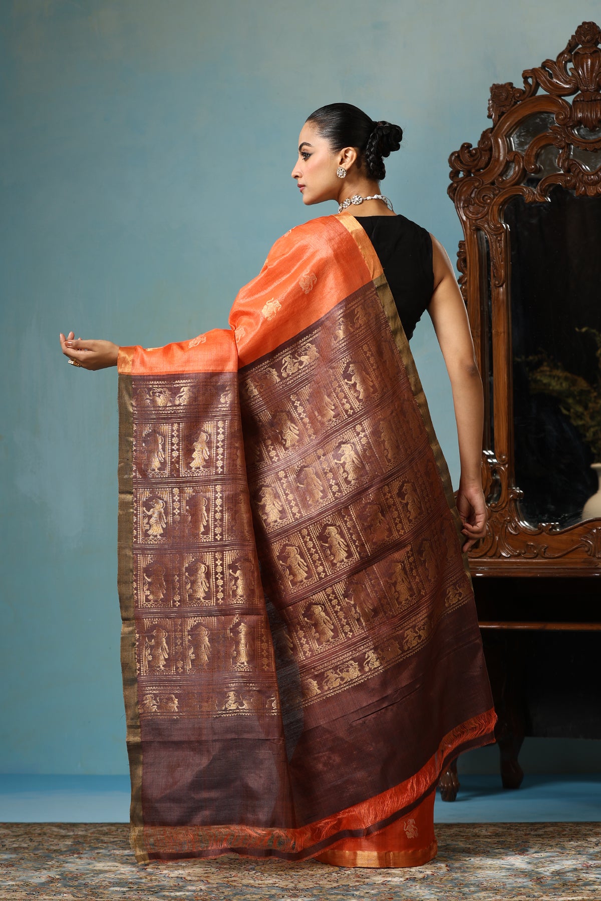 Lily handwoven orange Kosa Silk Mark Saree