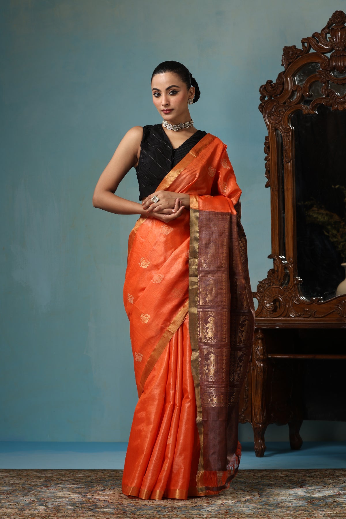 Lily handwoven orange Kosa Silk Mark Saree