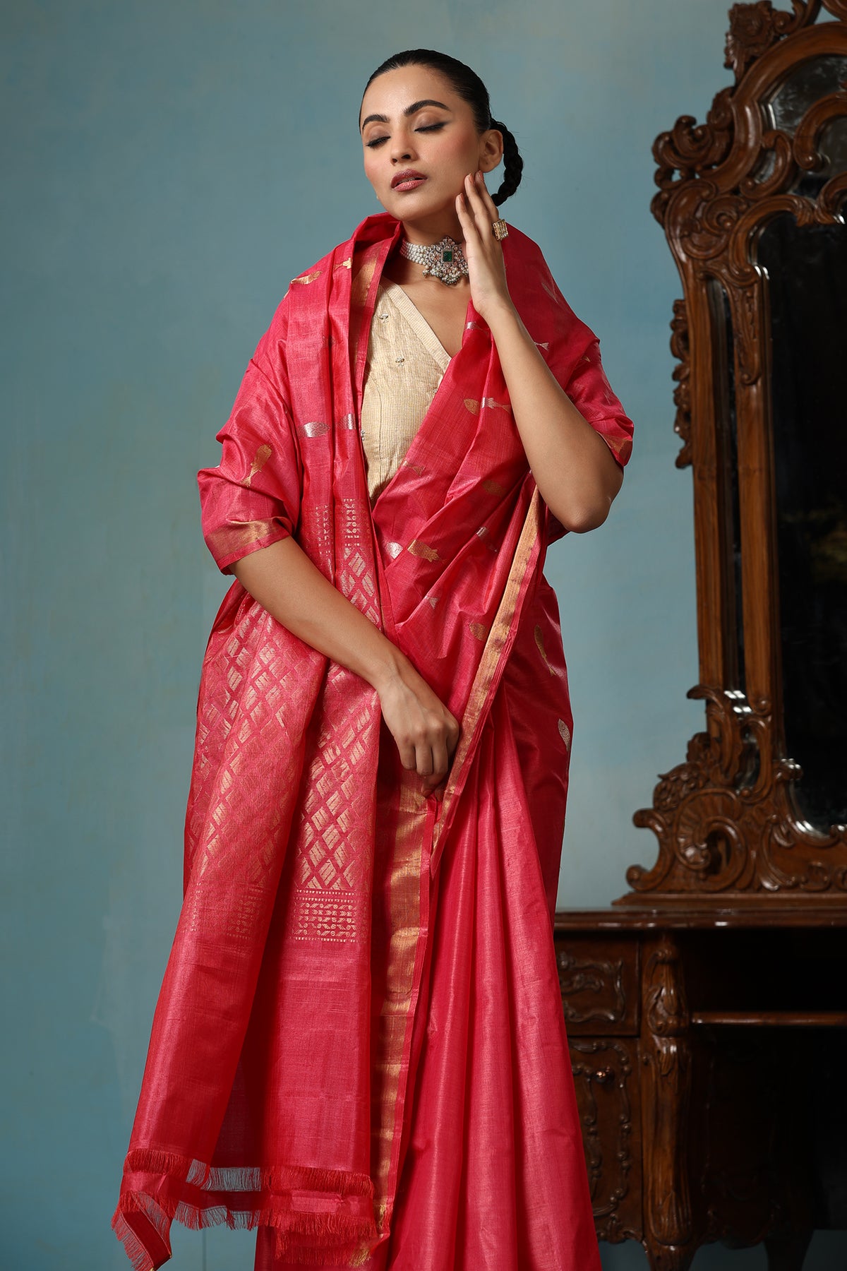Orchid Handwoven Peach Kosa Silk Mark Saree