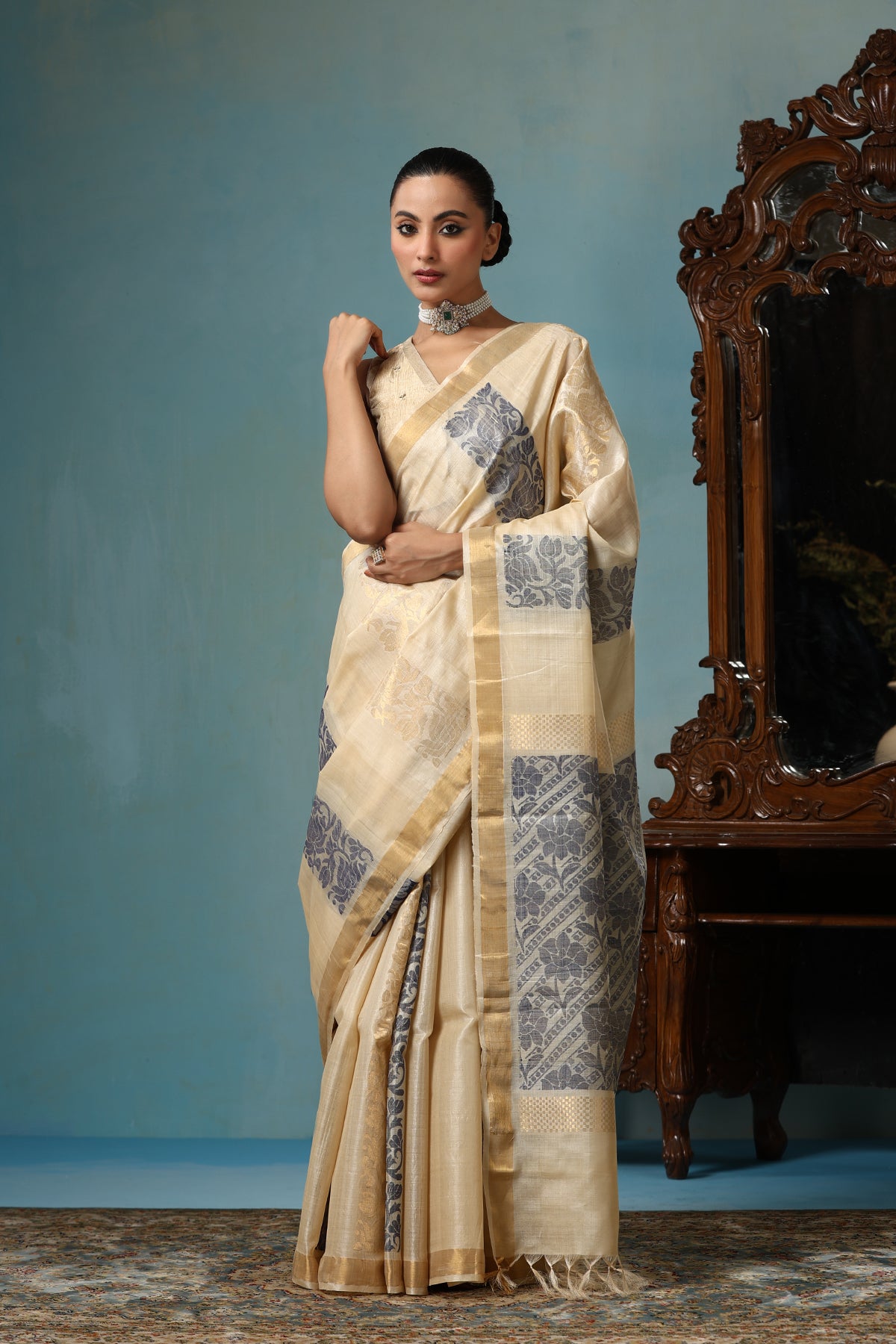 Daisy Handwoven Beige Kosa Silk Mark Saree
