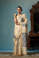 Daisy Handwoven Beige Kosa Silk Mark Saree