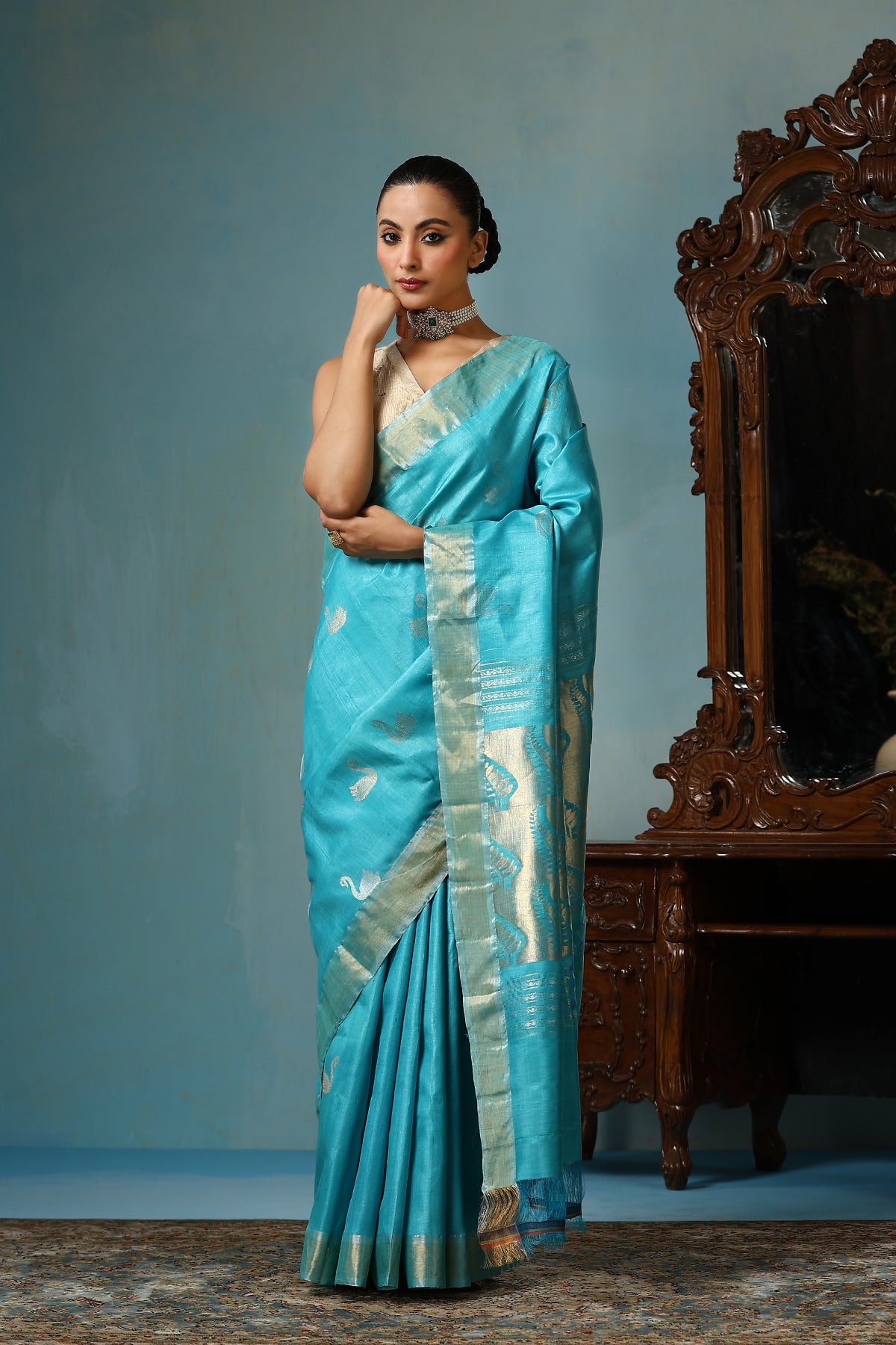 Peony Handwoven Blue Kosa Silk Mark saree