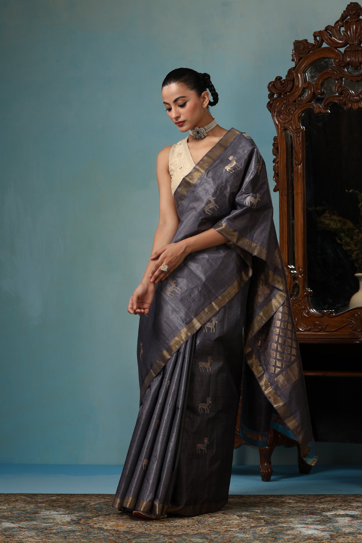 Tulip Handwoven Grey Kosa Silk Mark Saree