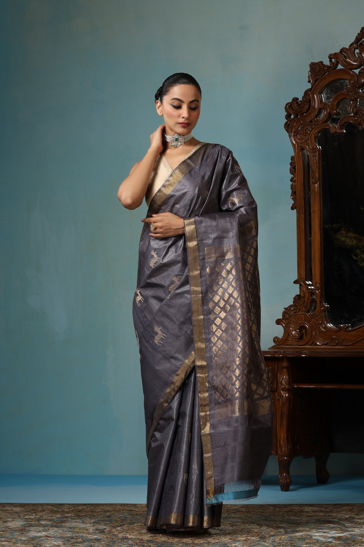 Tulip Handwoven Grey Kosa Silk Mark Saree