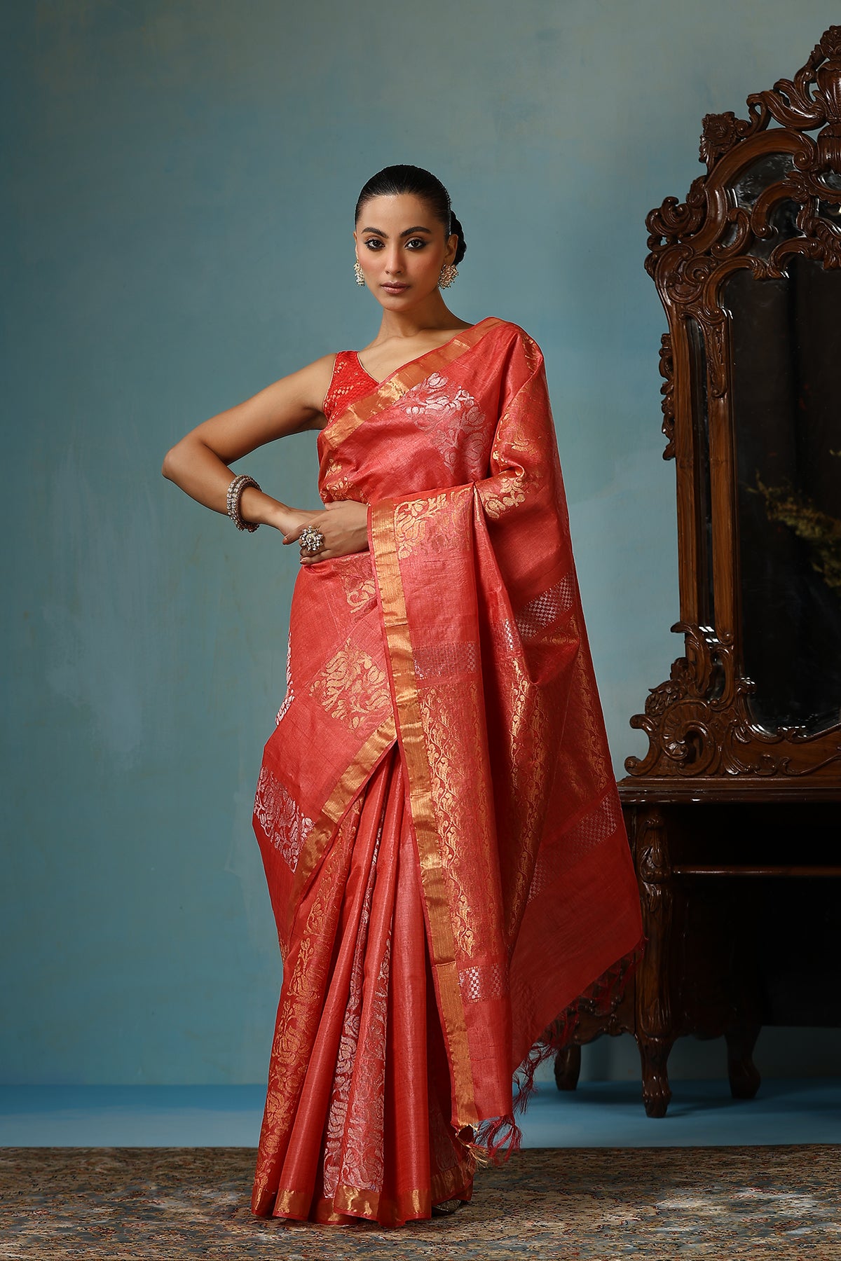 Violet Handwoven Red Kosa Silk Mark Saree