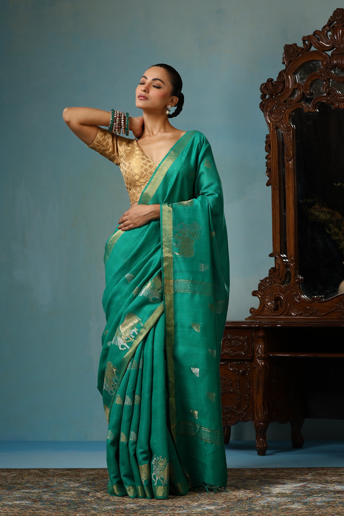 Poppy Handwoven Sea Green Kosa Silk Mark Saree