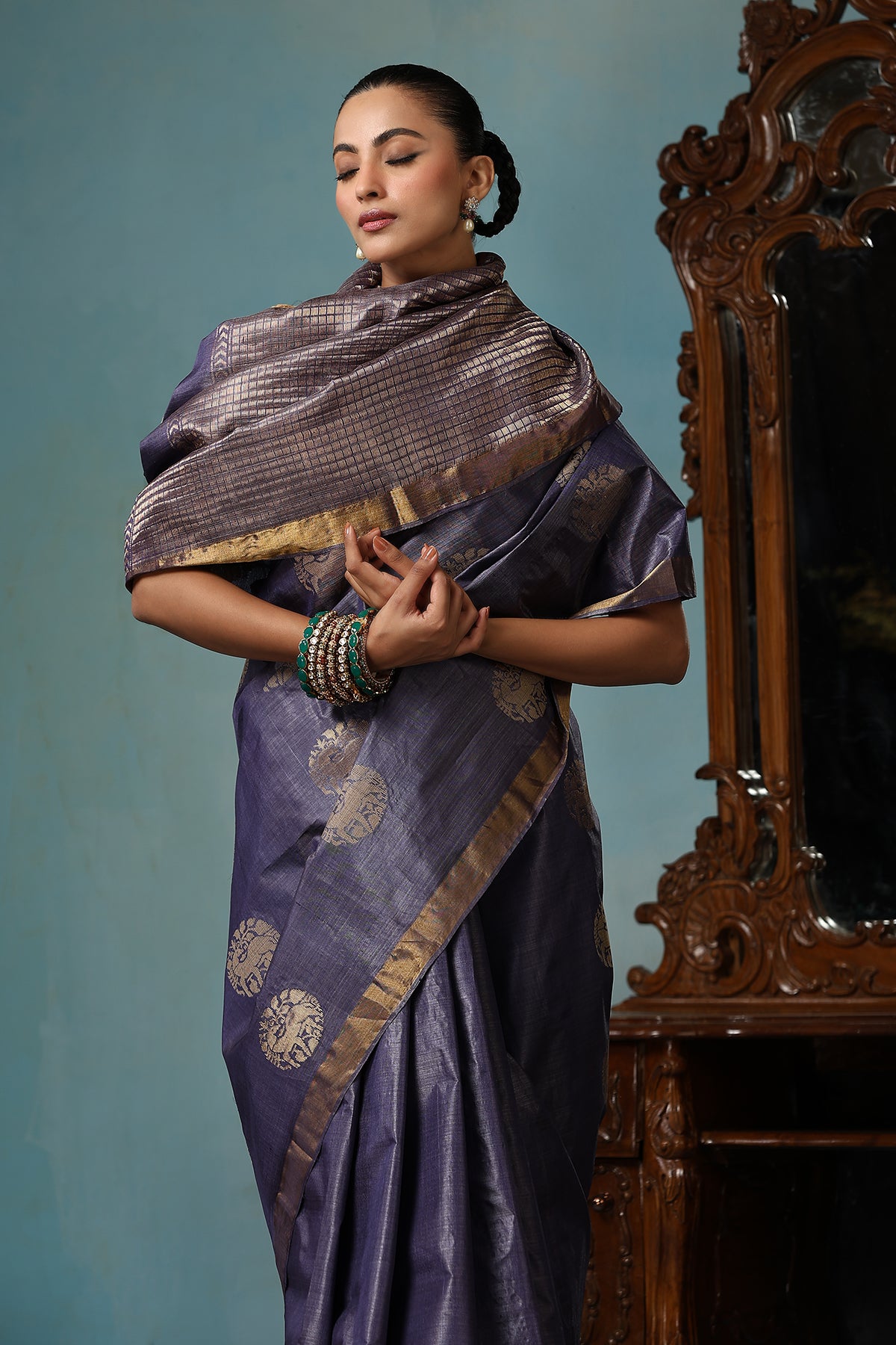 Lotus Handwoven Purple Grey Kosa Silk Mark Saree