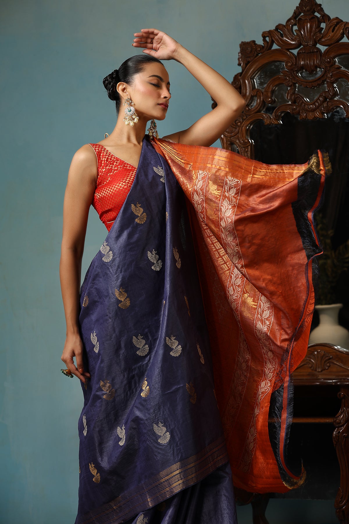 Azalea Handwoven Navy Blue Kosa Silk Mark Saree