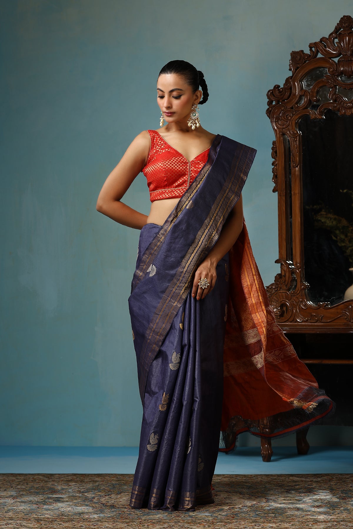 Azalea Handwoven Navy Blue Kosa Silk Mark Saree
