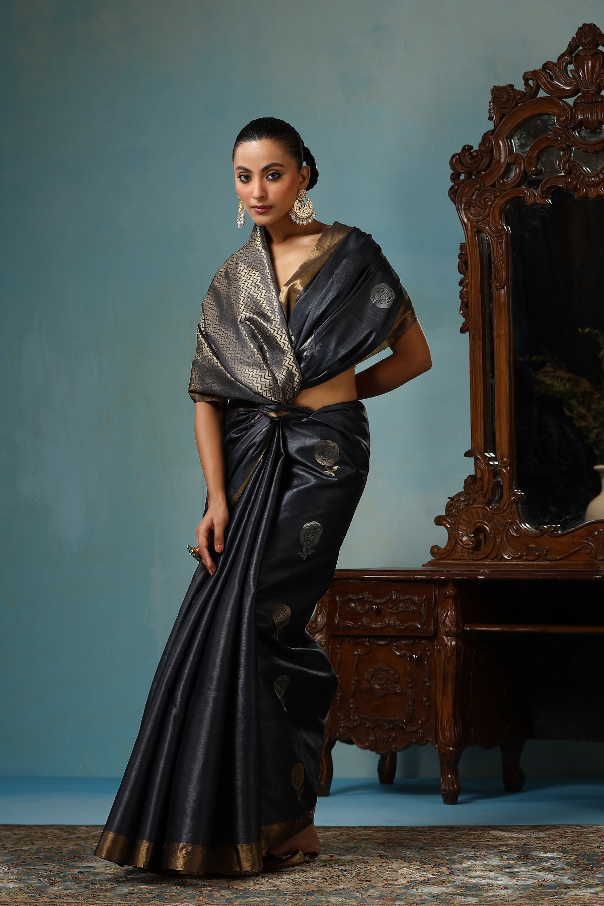 Camellia Handwoven Dark Grey Kosa Silk Mark Saree
