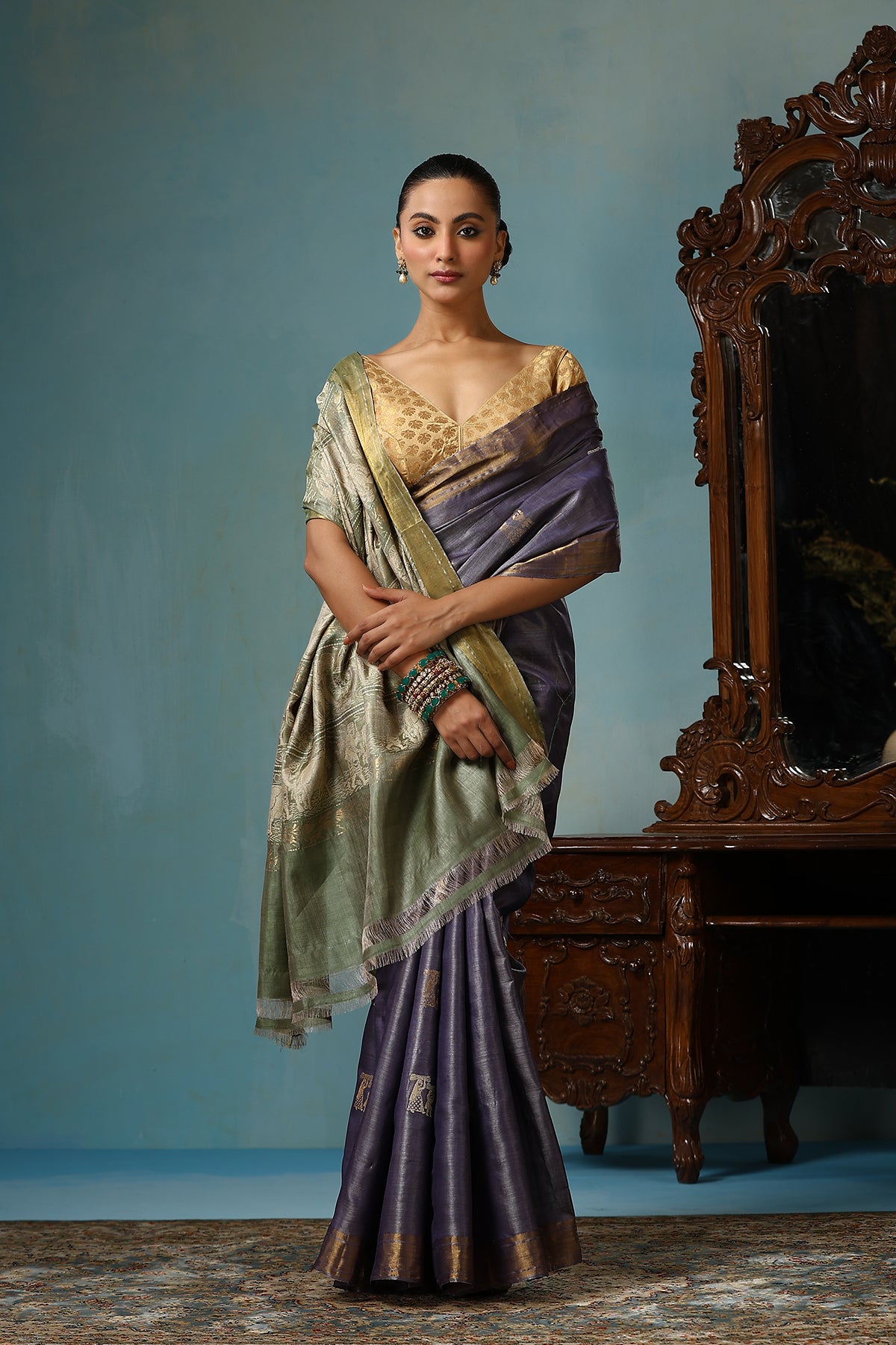 Primayi Handwoven Purplish Grey Kosa Silk Mark Saree