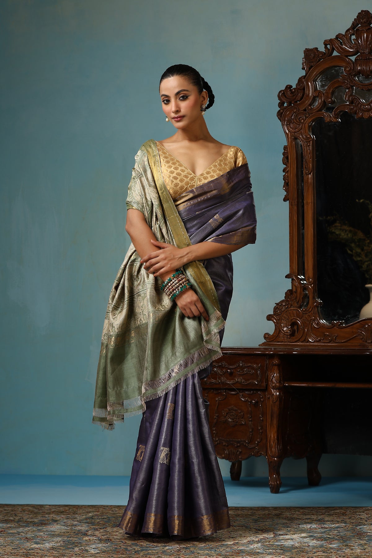 Primayi Handwoven Purplish Grey Kosa Silk Mark Saree