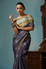 Primayi Handwoven Purplish Grey Kosa Silk Mark Saree
