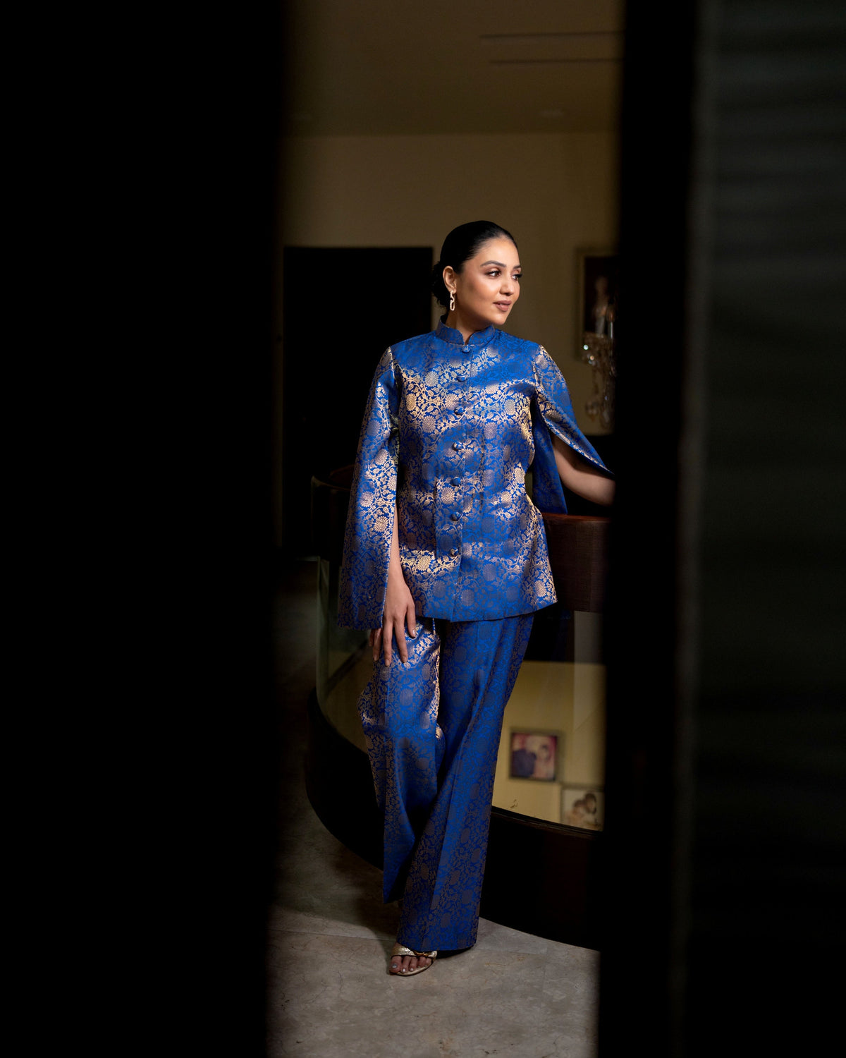 Mumtaz Banarasi Cape Co-ord Set: Women's Royal Blue Gold Floral Indowestern Wear
