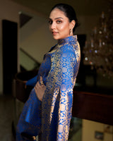 Mumtaz Banarasi Cape Co-ord Set: Women's Royal Blue Gold Floral Indowestern Wear