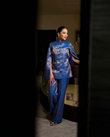 Mumtaz Banarasi Cape Co-ord Set: Women's Royal Blue Gold Floral Indowestern Wear