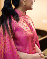 Jodha Banarasi Cape Co-ord Set: Women's Fuchsia Gold Floral Indowestern Wear