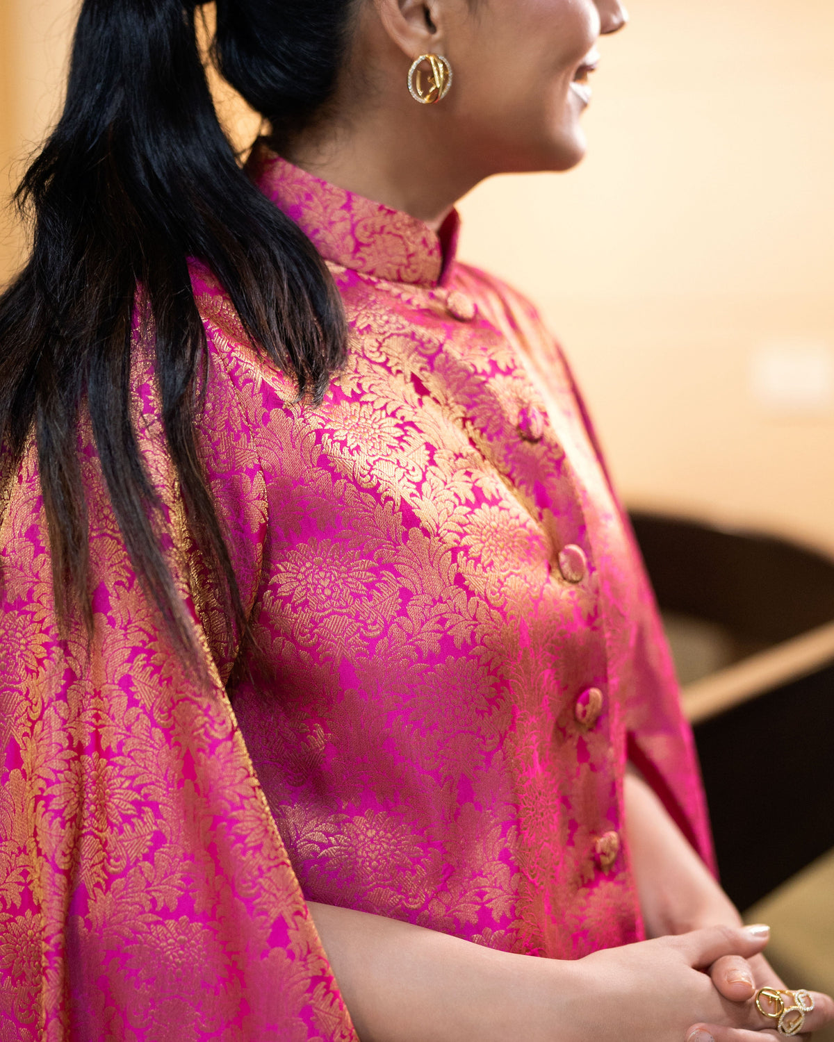 Jodha Banarasi Cape Co-ord Set: Women's Fuchsia Gold Floral Indowestern Wear