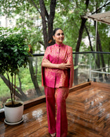 Mira Banarasi Cape Co-ord Set: Women's Fuchsia Gold Floral Indowestern Wear with Pants