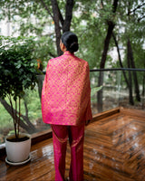 Mira Banarasi Cape Co-ord Set: Women's Fuchsia Gold Floral Indowestern Wear with Pants