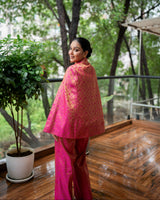 Mira Banarasi Cape Co-ord Set: Women's Fuchsia Gold Floral Indowestern Wear with Pants