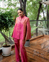 Mira Banarasi Cape Co-ord Set: Women's Fuchsia Gold Floral Indowestern Wear with Pants