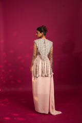 Peachy Pink ajrakh stripwork jacket paired up with Peachy pink bralette and drape dhoti skirt