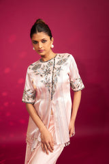 Peachy pink Embellished ajrakh jacket with drape dhoti skirt