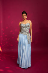 Powder blue ajrakh stripped corset with Pleated pants