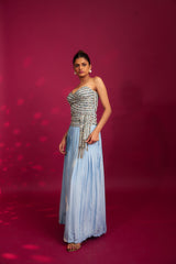 Powder blue ajrakh stripped corset with Pleated pants