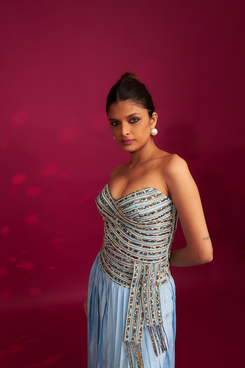 Powder blue ajrakh stripped corset with Pleated pants