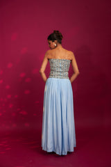 Powder blue ajrakh stripped corset with Pleated pants