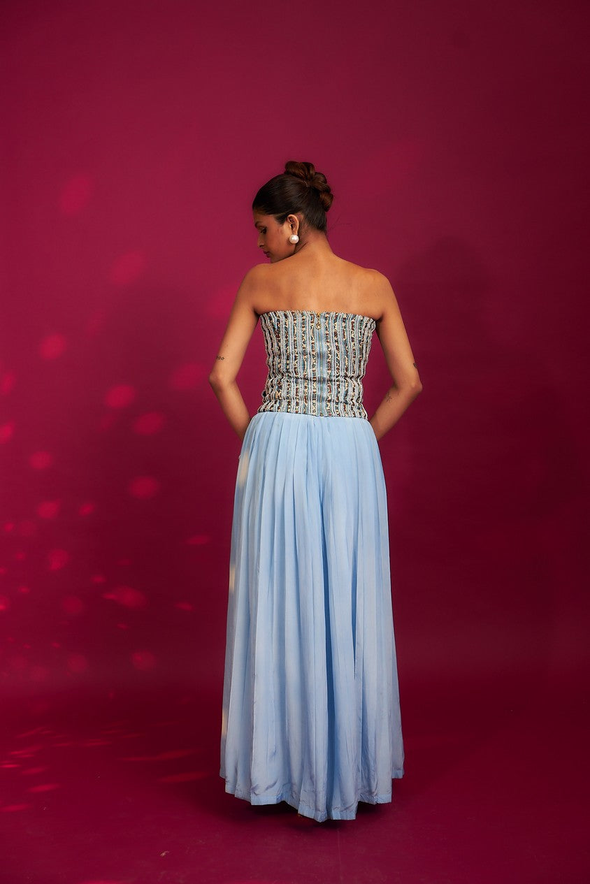 Powder blue ajrakh stripped corset with Pleated pants