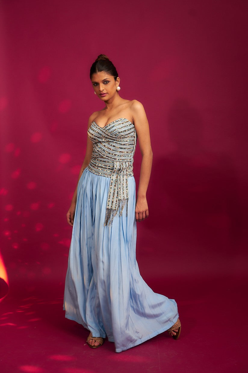 Powder blue ajrakh stripped corset with Pleated pants