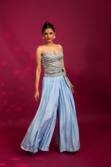 Powder blue ajrakh stripped corset with Pleated pants
